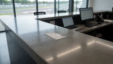 A track pass lies on a reception desk in a modern motorsport facility, with a view of the track through large windows and computers in the background.