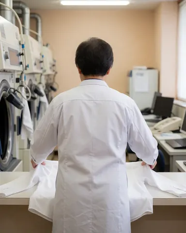 A professional in a white uniform folds a white shirt on a table in an industrial laundromat with drying machinery in the background.