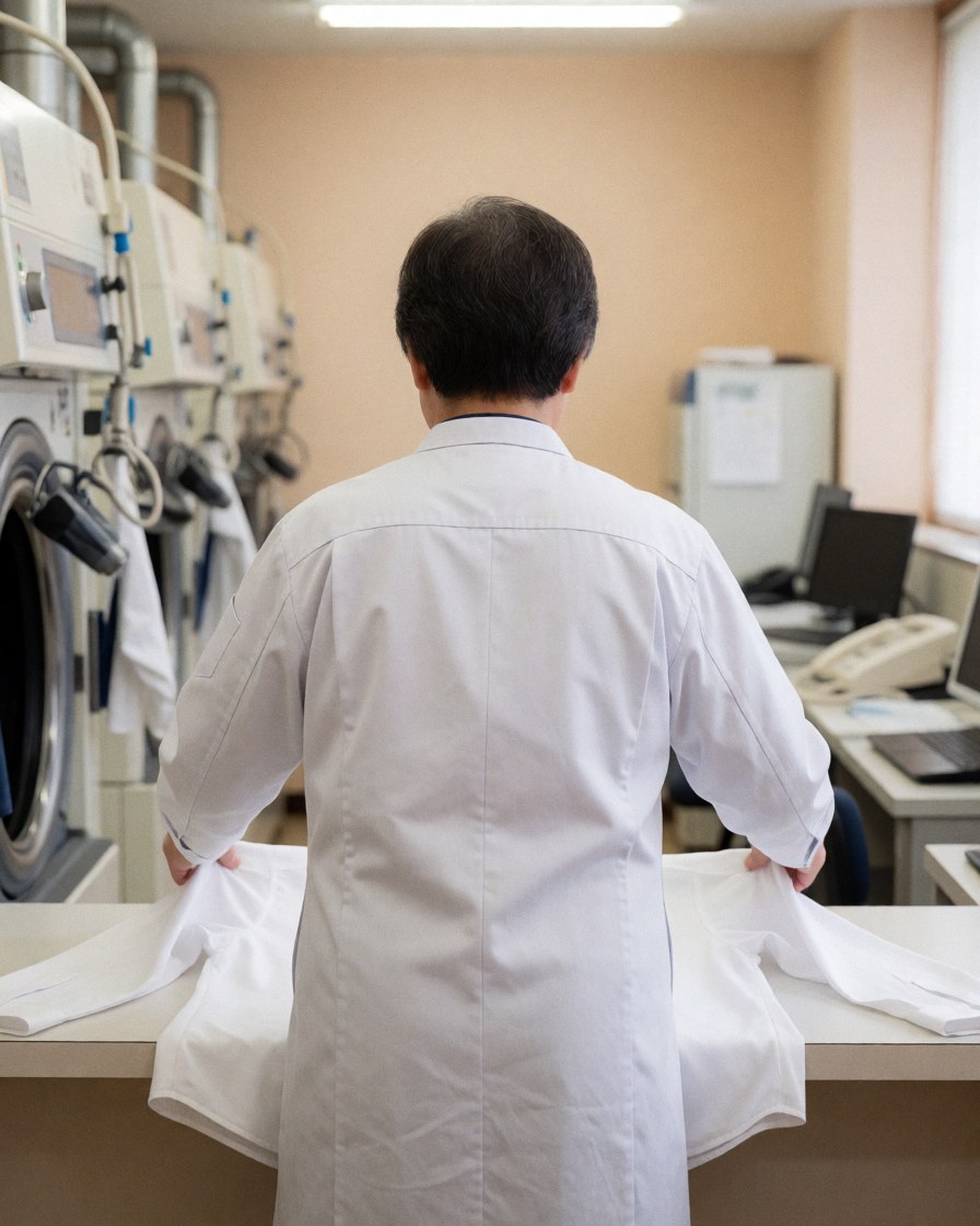 A professional in a white uniform folds a white shirt on a table in an industrial laundromat with drying machinery in the background.