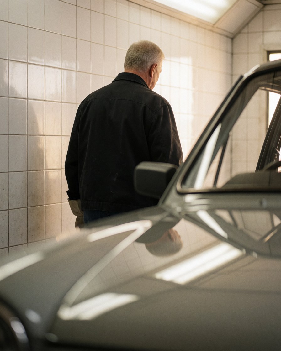 A satisfied customer looks at a newly painted car in a workshop with white tiles and warm lighting.