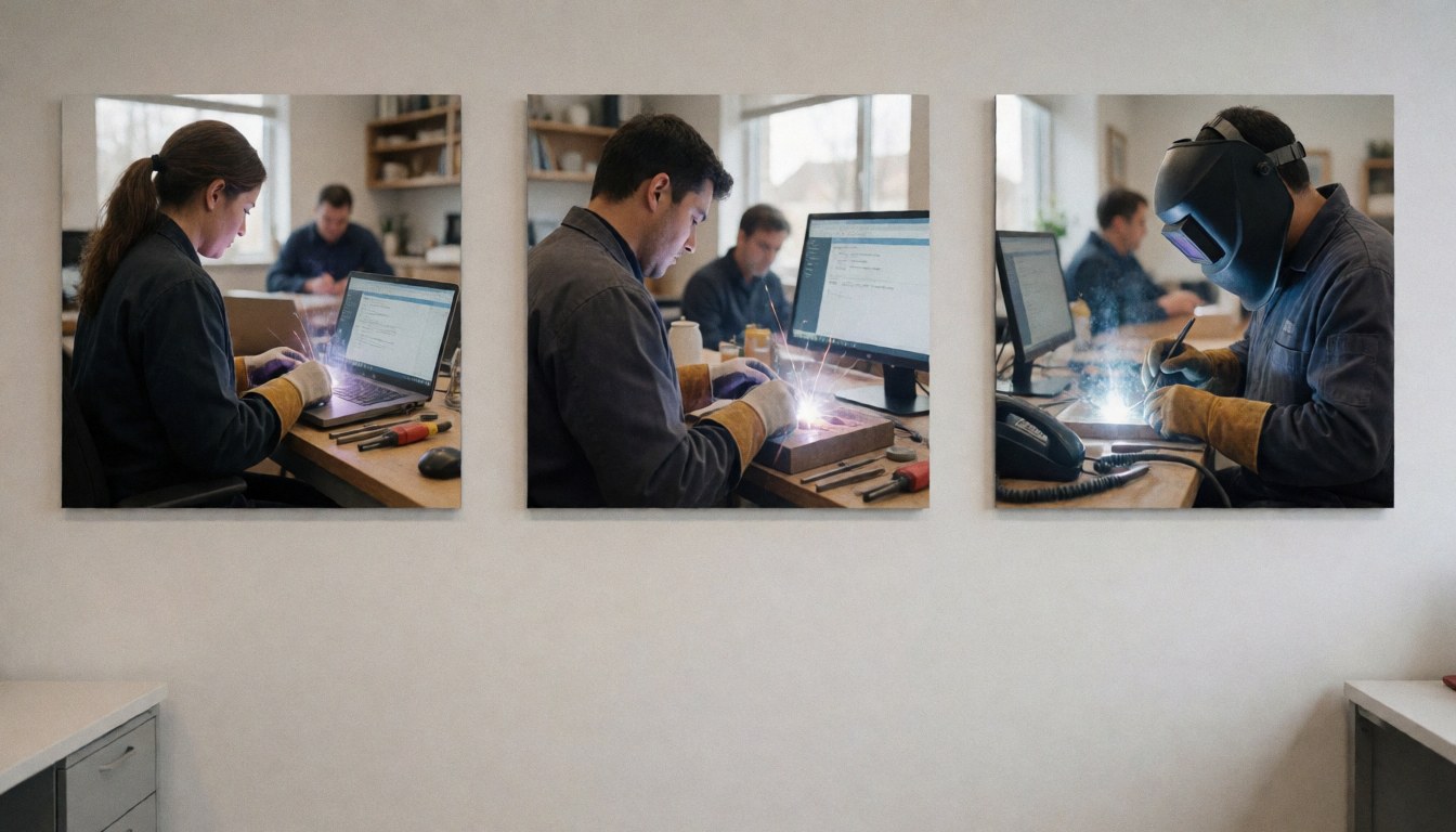 Three documentary art prints mounted on a clean white wall, depicting people working in a modern office with computers and office supplies.