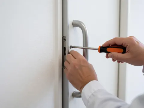 Close-up of hands using a screwdriver to adjust a metal door handle on a sliding door frame against a white background