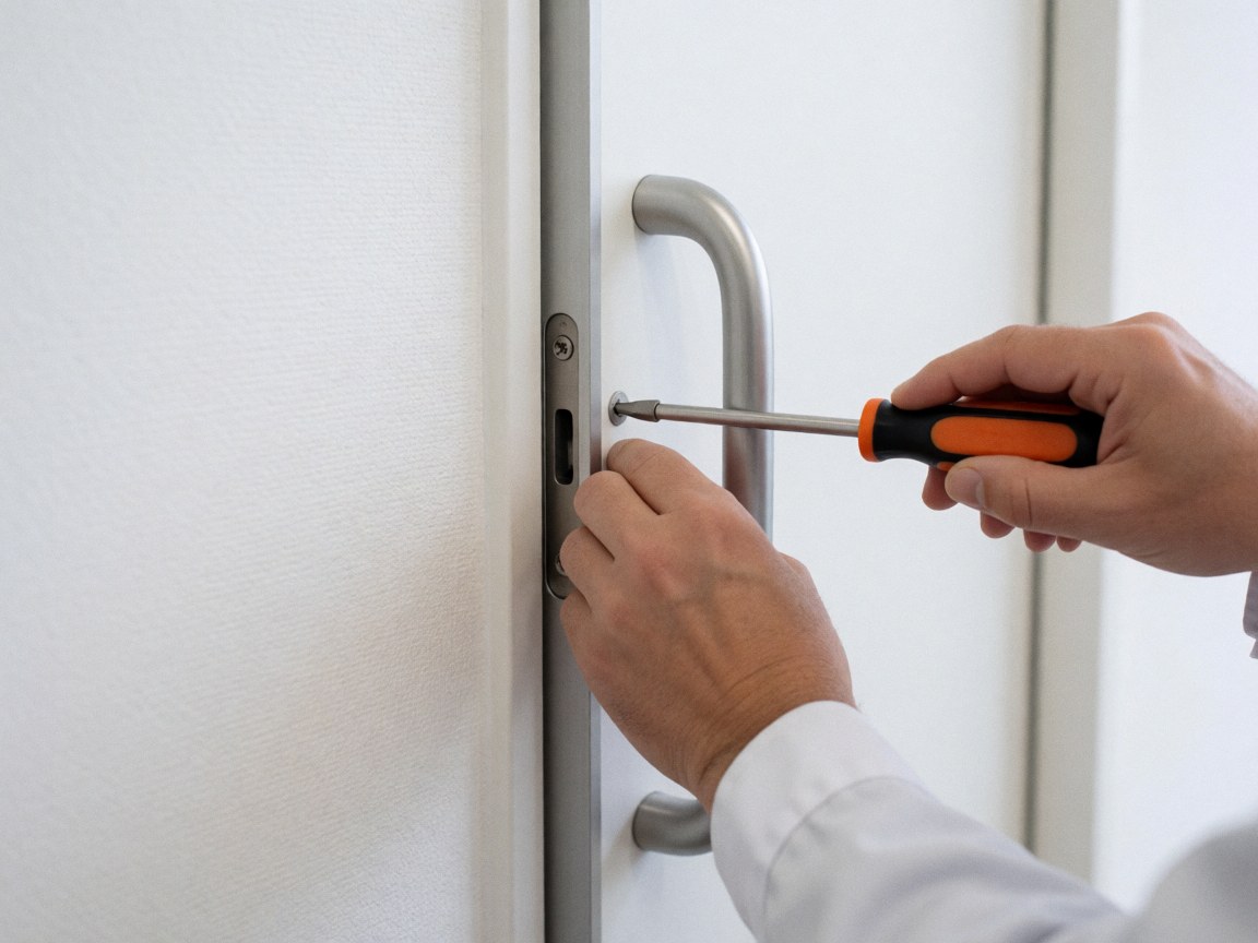 Close-up of hands using a screwdriver to adjust a metal door handle on a sliding door frame against a white background