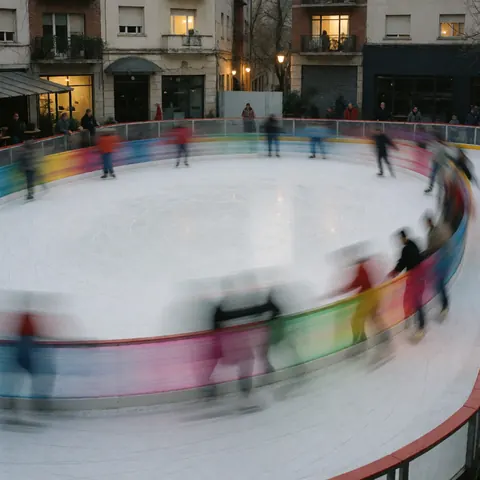 Outdoor skating rink with moving skaters, rainbow barriers, and urban buildings with warm window lights
