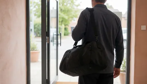 A man with a gym bag walks toward the glass doors of a sports club with terracotta walls.
