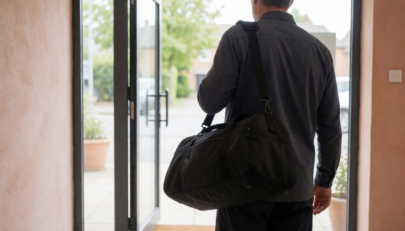A man with a gym bag walks toward the glass doors of a sports club with terracotta walls.