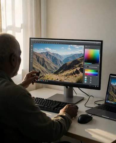 A photographer adjusts color settings on a large monitor while working at a desk with a mechanical keyboard and natural light.