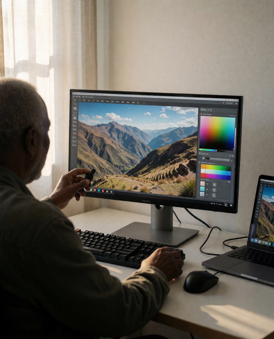 A photographer adjusts color settings on a large monitor while working at a desk with a mechanical keyboard and natural light.