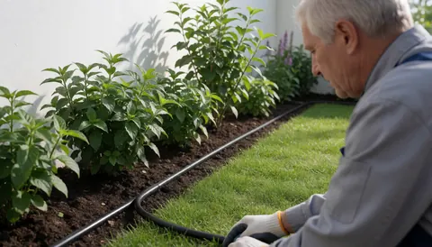Gardener adjusting black irrigation tubing in a green garden with plants and grass, demonstrating irrigation installation service.