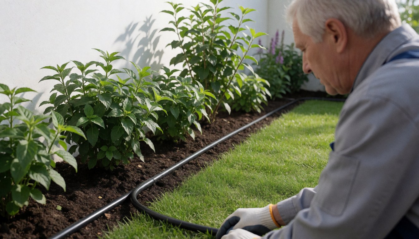 Gardener adjusting black irrigation tubing in a green garden with plants and grass, demonstrating irrigation installation service.