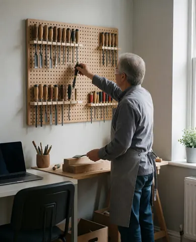 Carpenter choosing wood shavings in a workshop with natural light, light walls, and tools on nails.