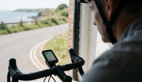 Cyclist wearing a helmet looking at a digital computer showing map and speed on a coastal road with a white brick wall nearby