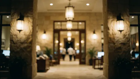 Resort entrance corridor featuring stone columns, hanging lamps, and textured walls with warm lighting creating a serene atmosphere