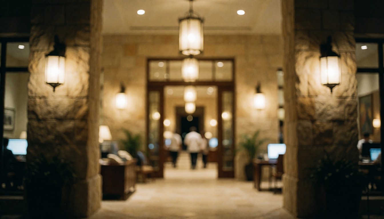 Resort entrance corridor featuring stone columns, hanging lamps, and textured walls with warm lighting creating a serene atmosphere