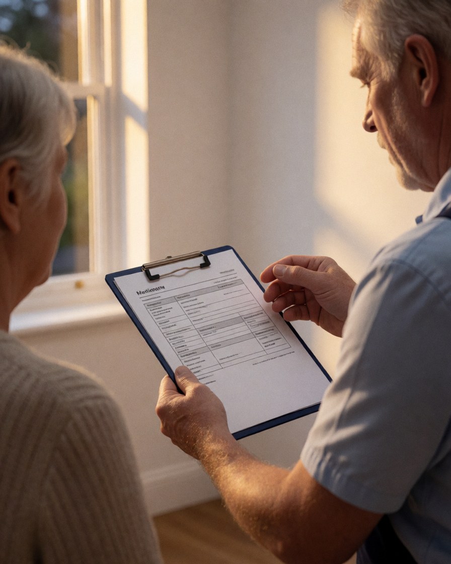 A technician explains a maintenance report to a client in a bright room with white walls and natural window light.