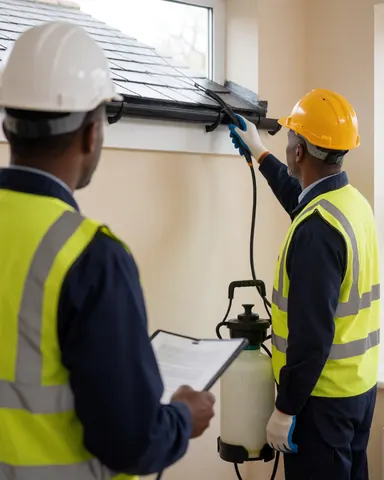 Worker in safety vest sprays roof treatment while client reviews document near gutter