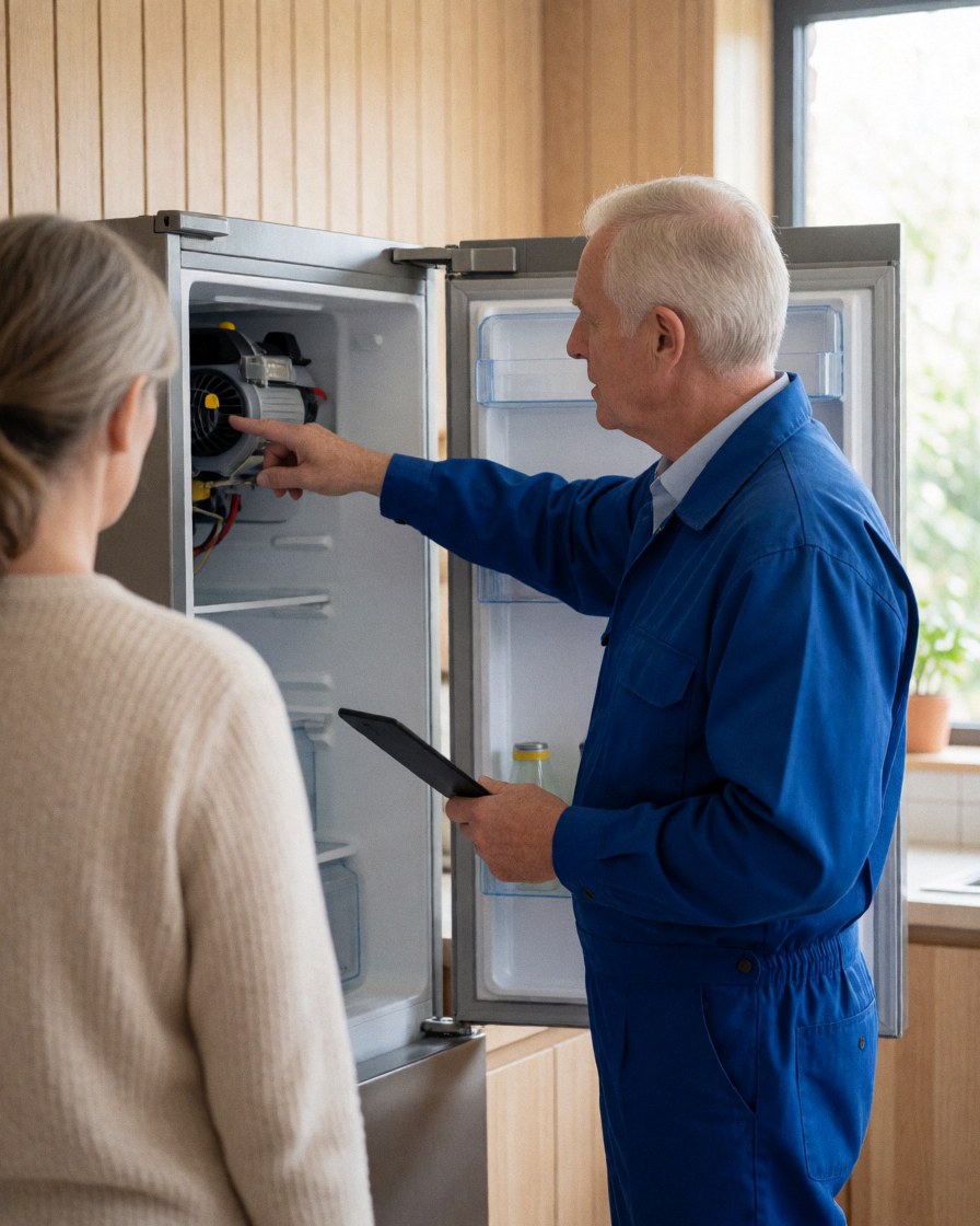 Technician in blue uniform points to the open refrigerator compressor while explaining to a customer in a kitchen with light wood walls.