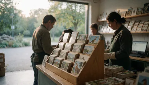 Two vendors arrange animal postcards in a wooden box inside a zoo store with natural light from a window and shelves of postcards.