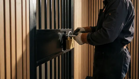 A locksmith installs a bronze padlock onto a heavy iron door, demonstrating professional security service in action.