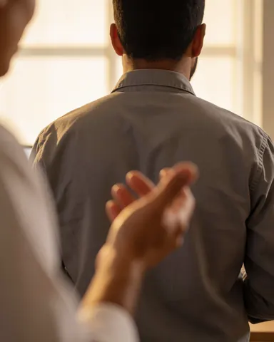 Back view of a person gesturing with their hand during a theater workshop session with warm lighting and a collaborative atmosphere
