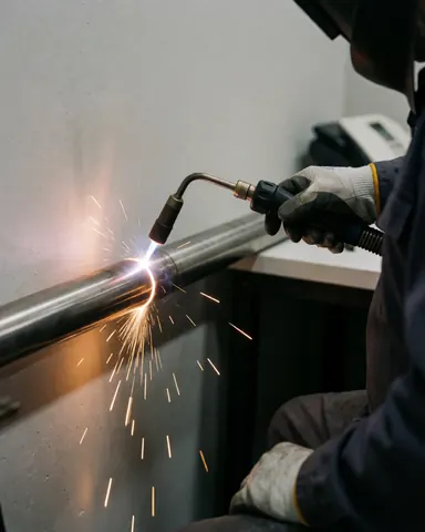 Welder wearing gloves and helmet working on a steel pipe with sparks flying in an industrial setting