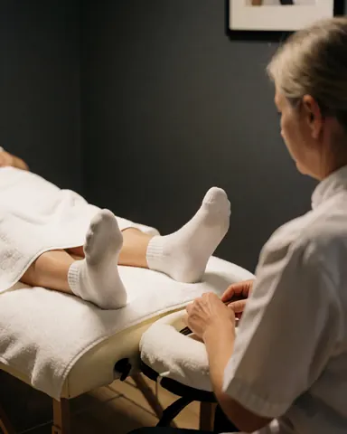 A professional therapist performs a foot massage on a client using a white table in a clean, relaxed room with gray walls.