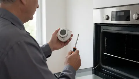 Appliance repair technician installing a thermostat in a modern oven in a kitchen with natural light