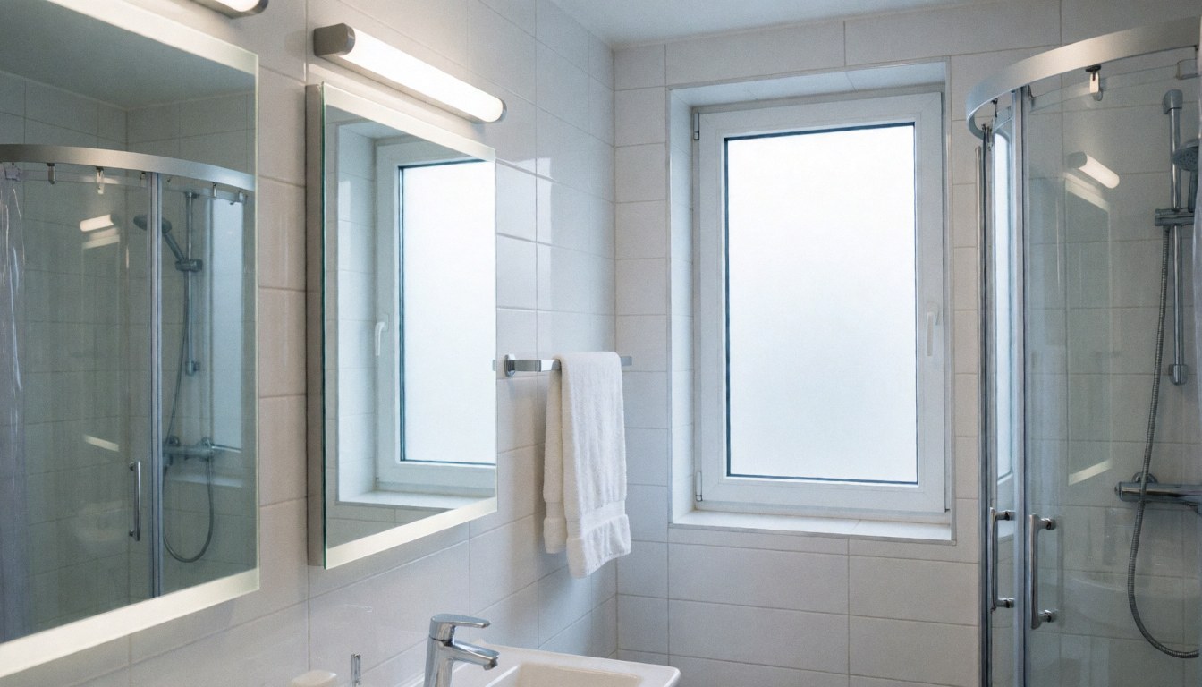 Clean modern hostel bathroom featuring white tiles, a glass shower enclosure, and large mirrors for a bright and contemporary look