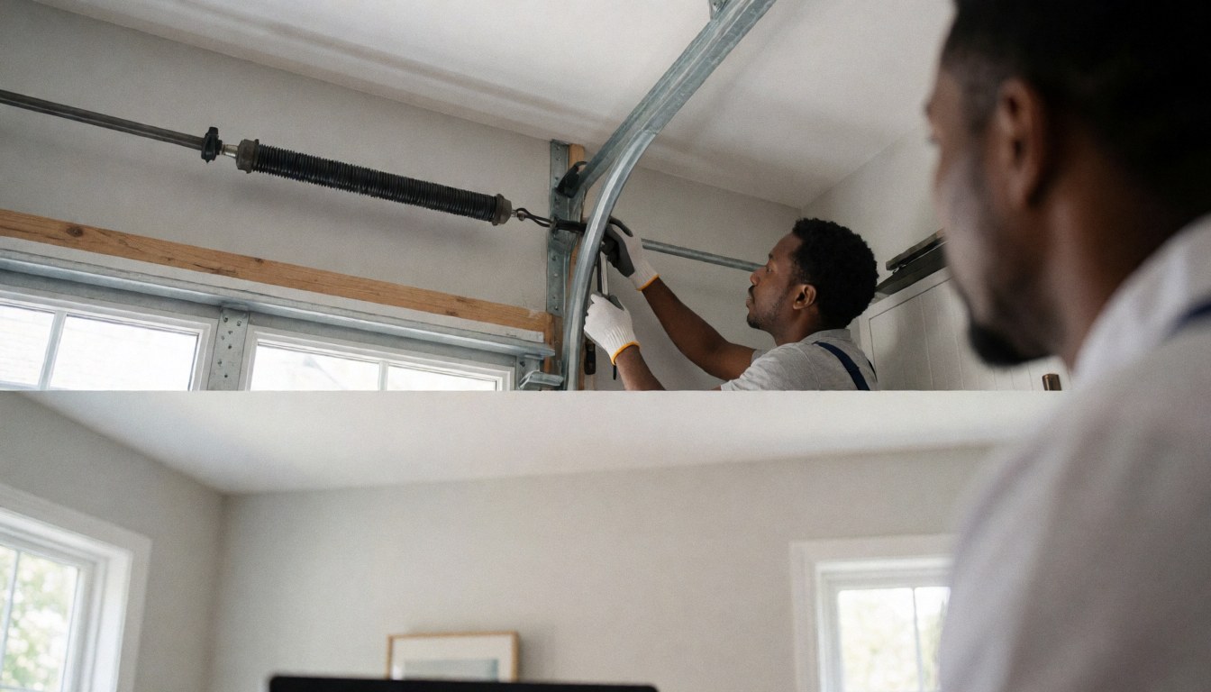 Installer adjusting garage door spring tension with tools visible near metal structure in a residential garage with light gray walls