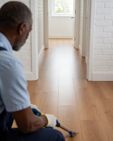Worker installing laminate flooring in a hallway with white brick walls and natural light