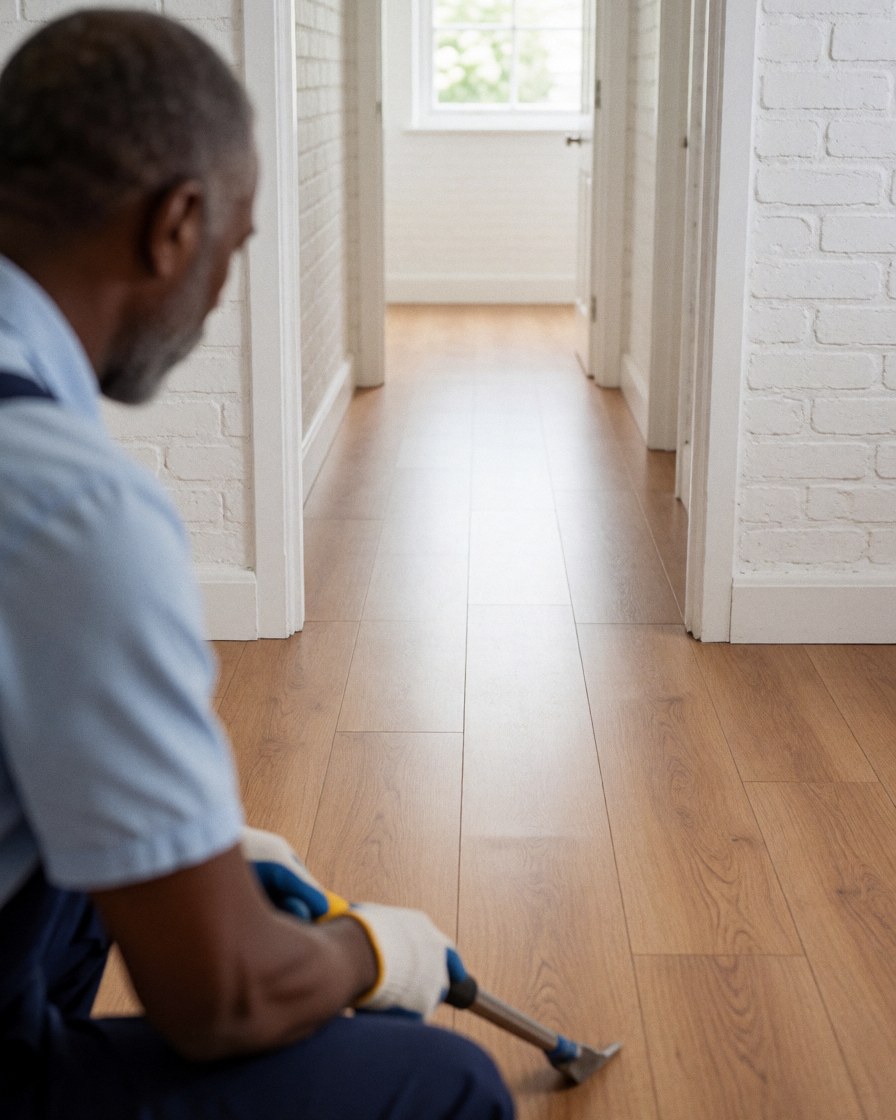 Worker installing laminate flooring in a hallway with white brick walls and natural light