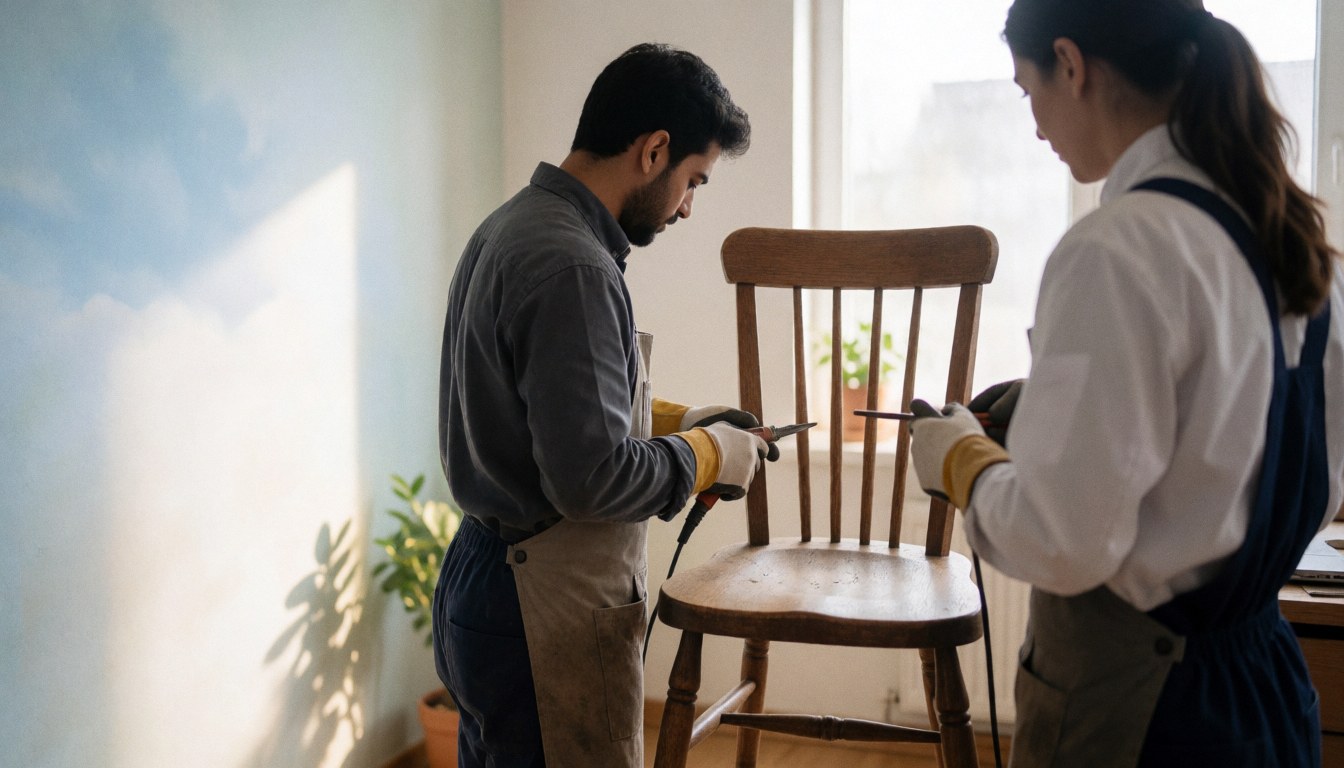 Two professionals wearing gloves work on restoring a wooden chair in a workshop.