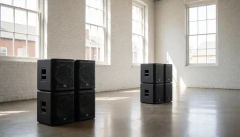 Black professional speakers placed in an event room with white brick walls and natural light from high windows.