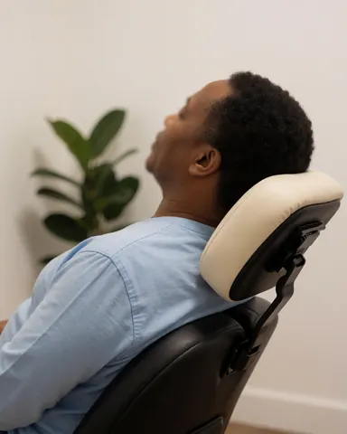 A happy client relaxing in a massage chair with a plant in the background against a white wall and warm lighting