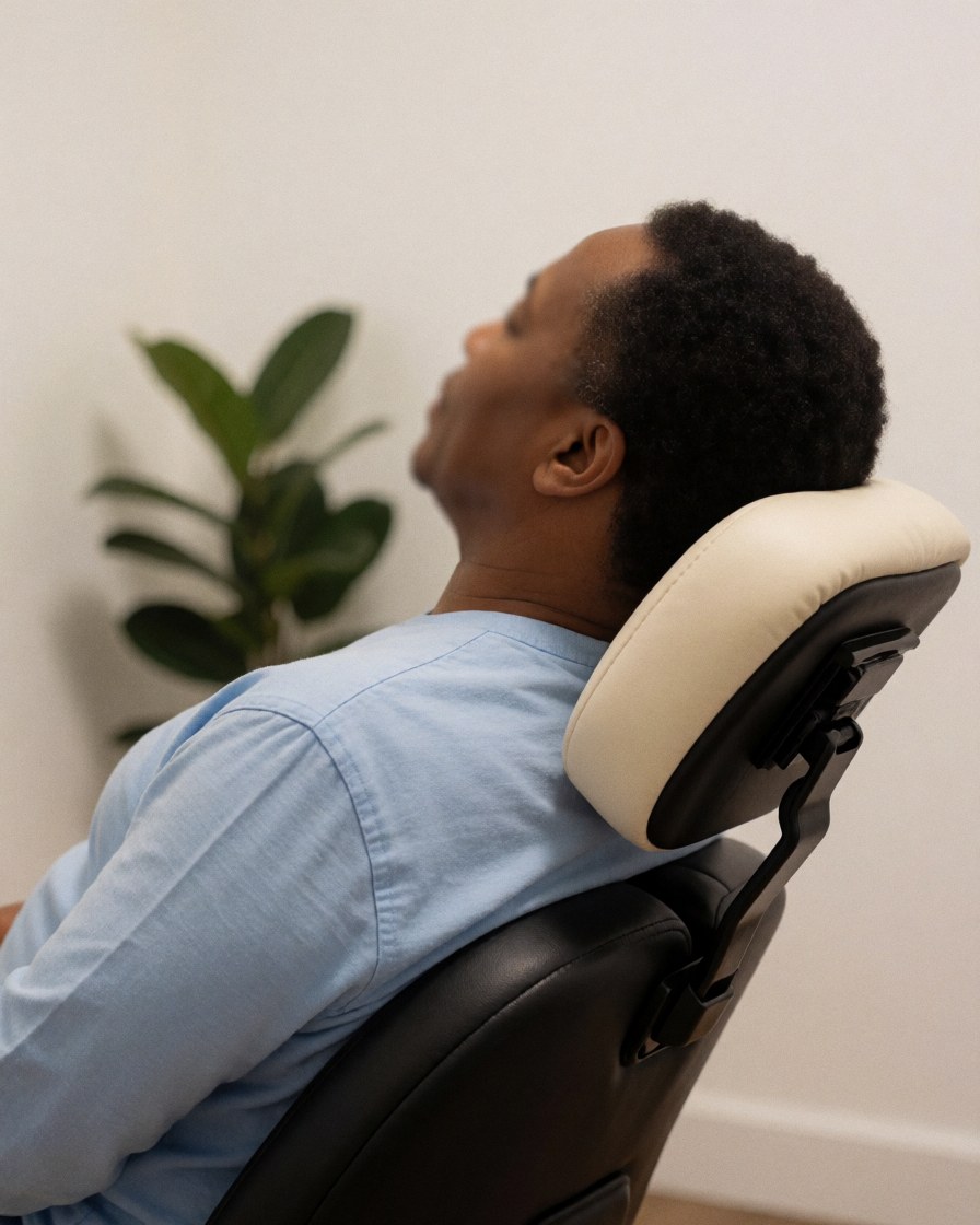 A happy client relaxing in a massage chair with a plant in the background against a white wall and warm lighting