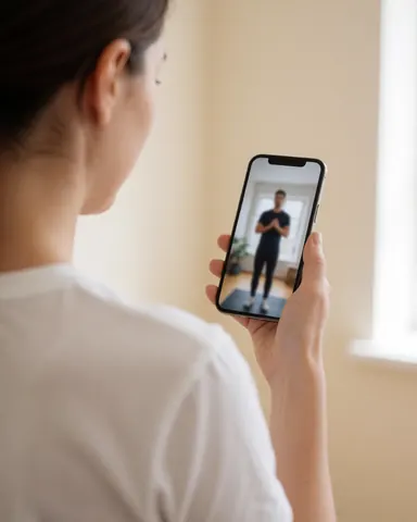 A woman holding a smartphone and watching a workout video, with a plain beige wall background and no visible text or logos