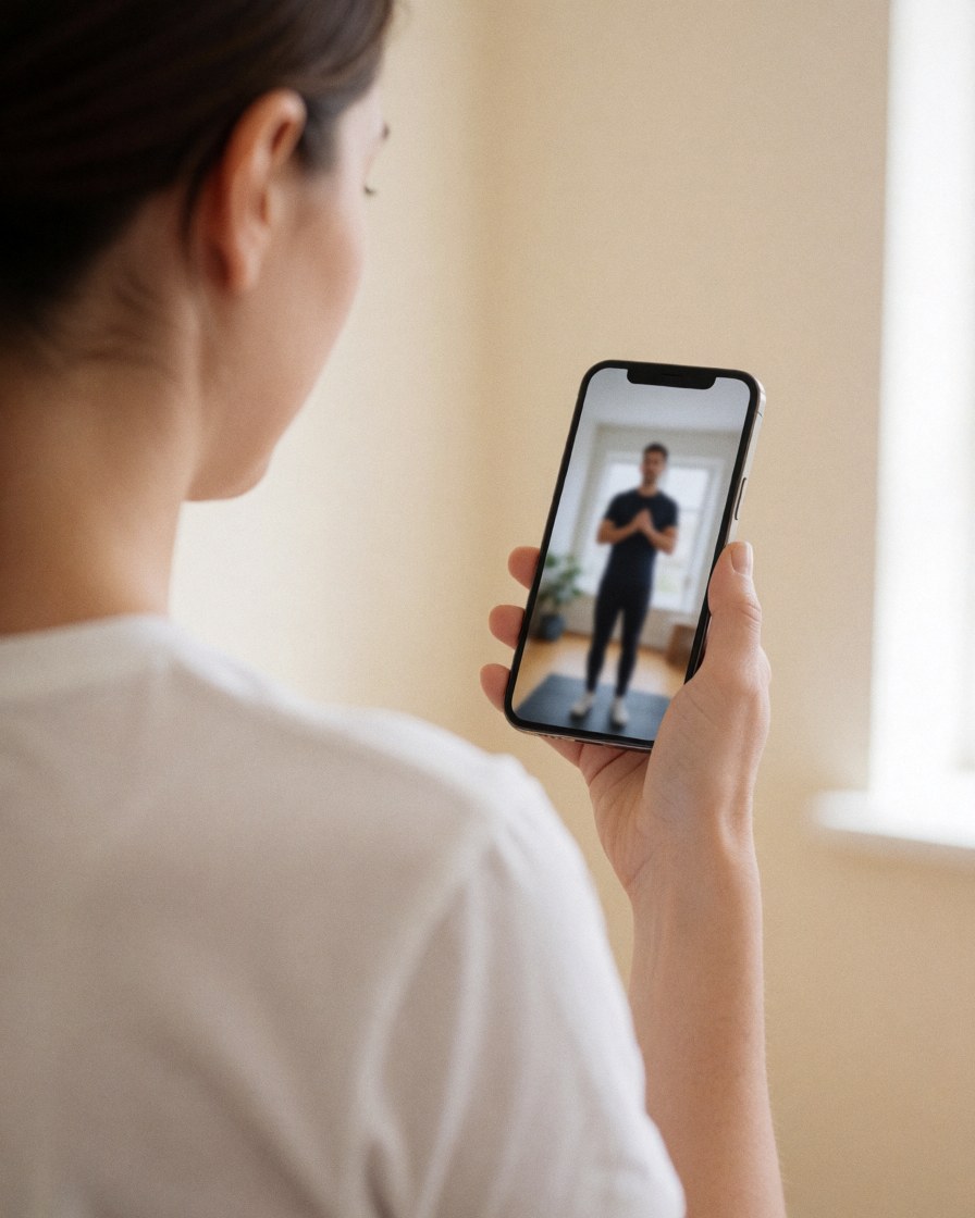 A woman holding a smartphone and watching a workout video, with a plain beige wall background and no visible text or logos