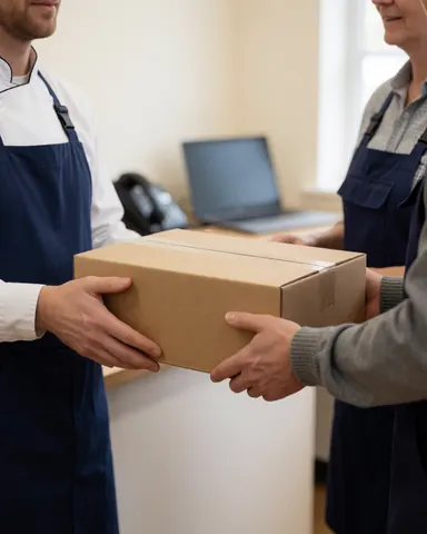 A satisfied client receives a sealed box from a graphic printing business, with shelves visible in the background.