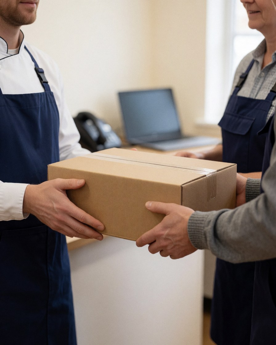 A satisfied client receives a sealed box from a graphic printing business, with shelves visible in the background.