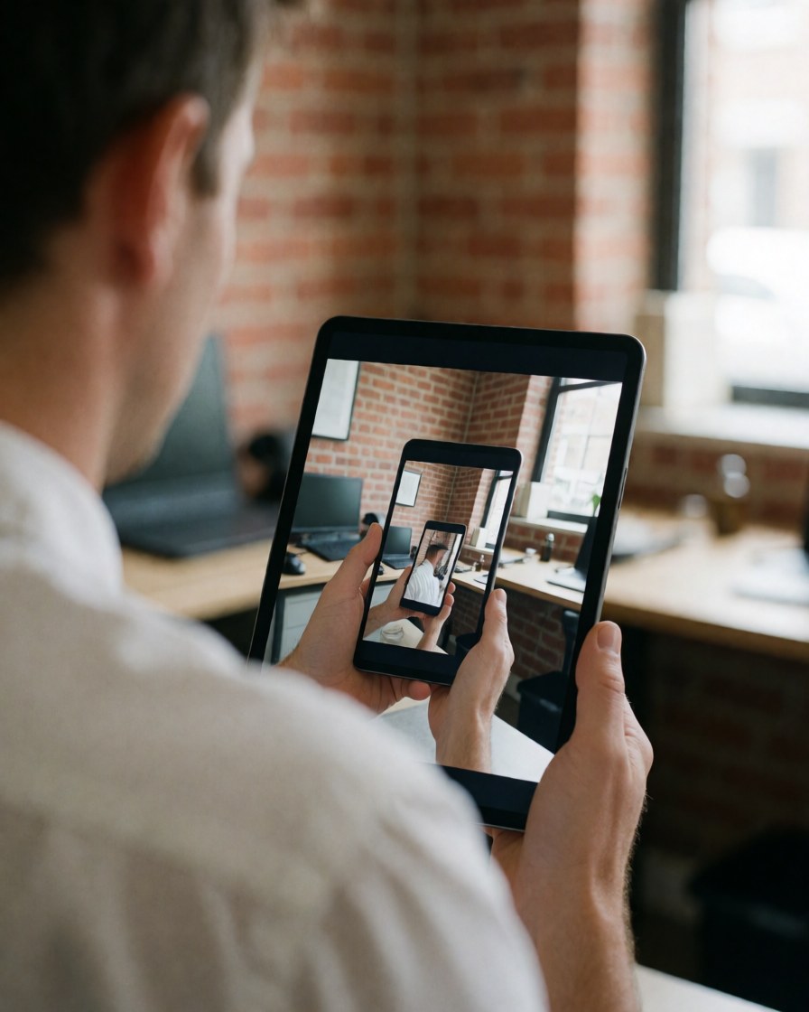 A person holding a tablet and reviewing an image in a studio with a brick wall and natural light.