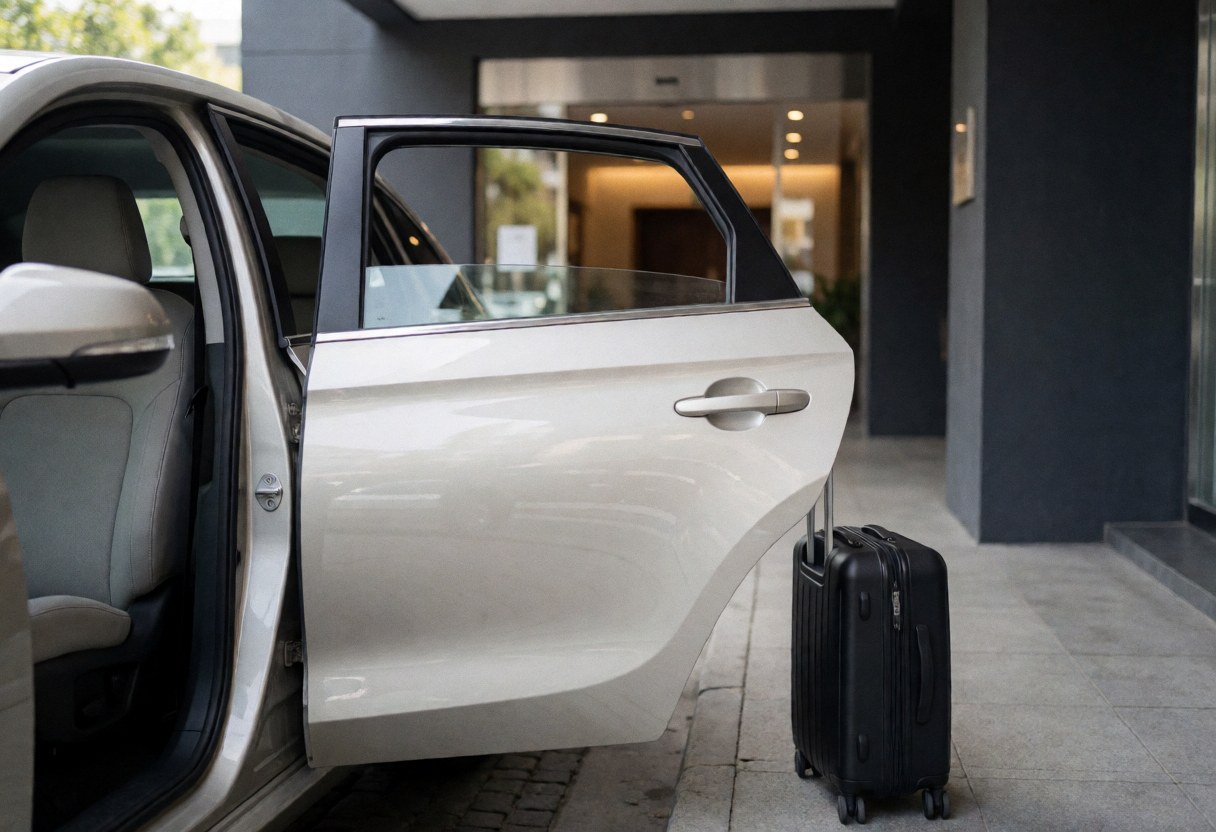 A modern black transport vehicle with its door open and a suitcase visible, parked outside a hotel ready for service.