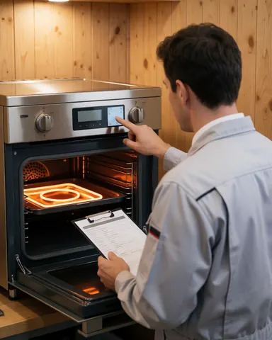 A technician in uniform checks the digital screen of a gas oven while holding a report in a kitchen with wood walls.