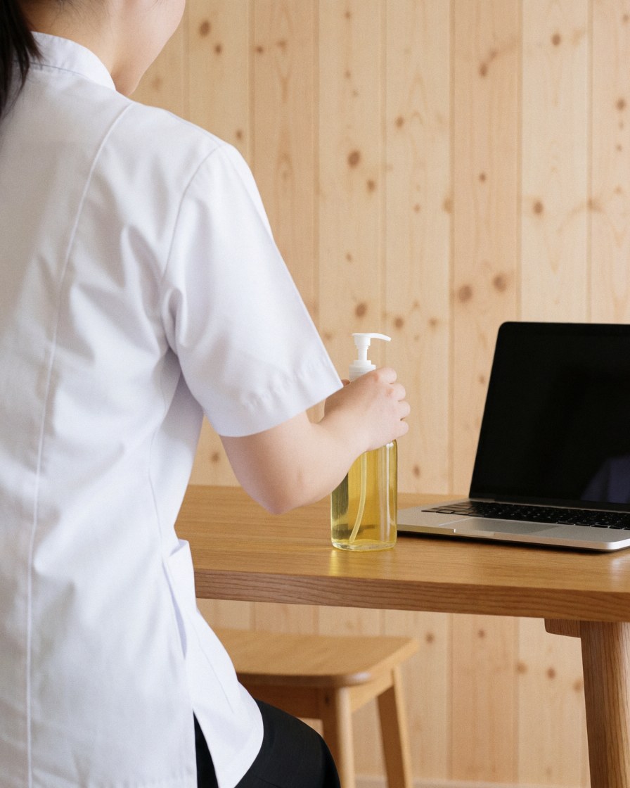 A therapist in a white uniform prepares massage oil on a wooden table in a spa setting with wooden walls.