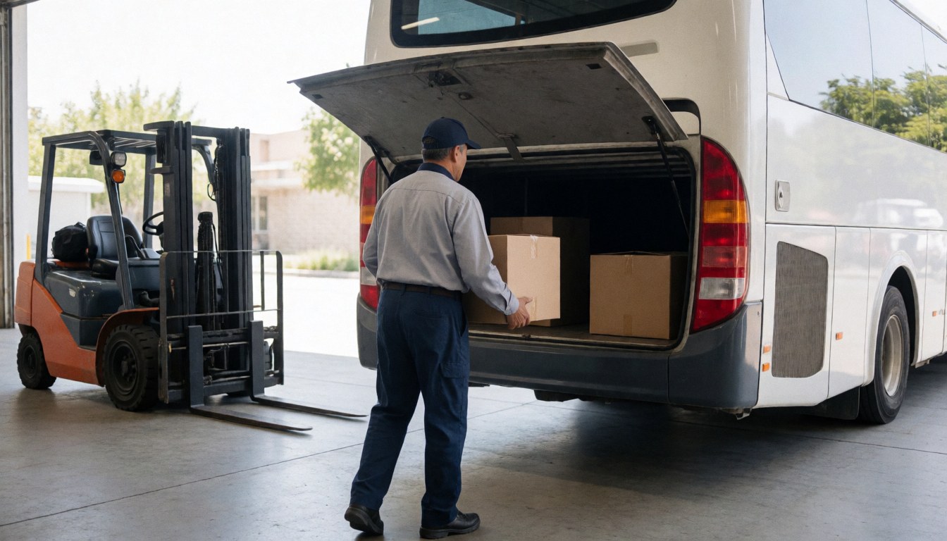 A worker loads boxes into the back of a white bus with a forklift nearby on a concrete lot