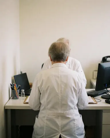 A homeopath in a white coat reviews a patient file on a desk with a vial and computer in a consultation room.