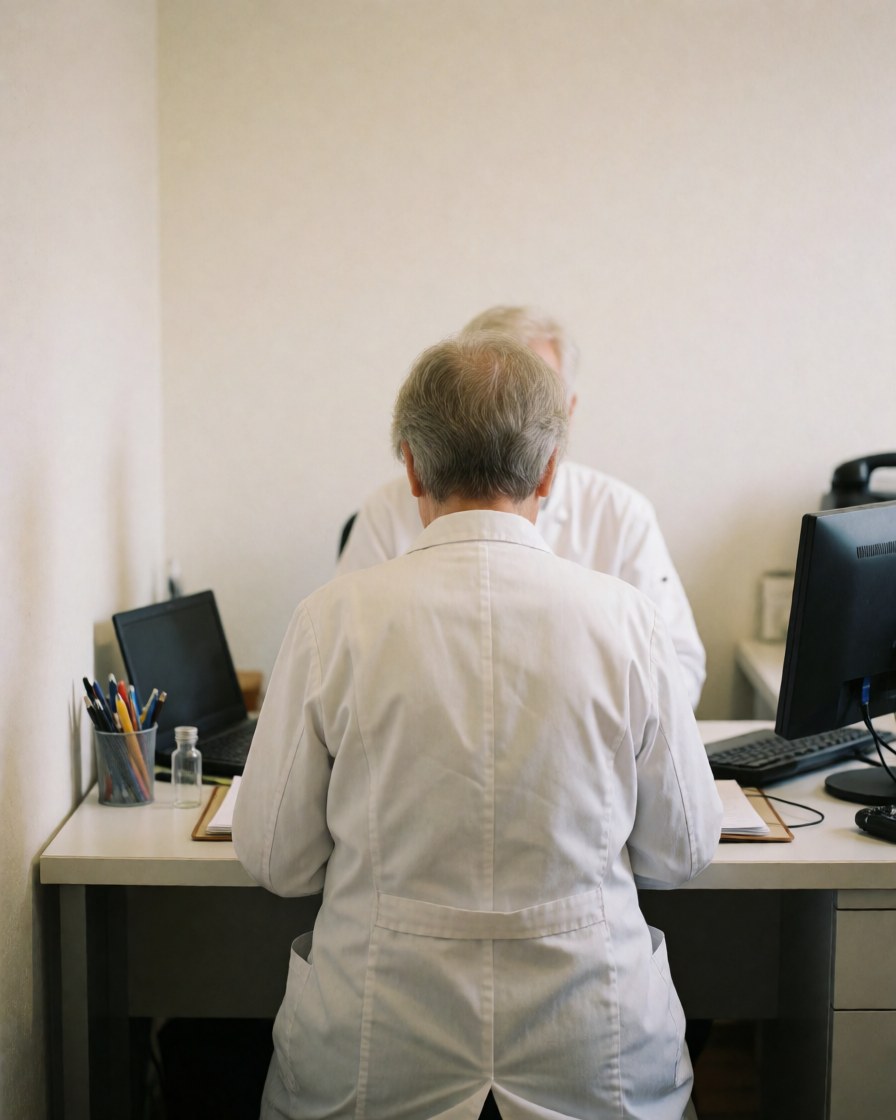 A homeopath in a white coat reviews a patient file on a desk with a vial and computer in a consultation room.