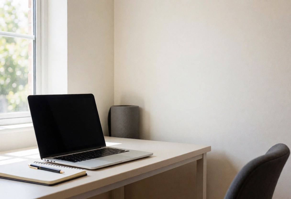White desk with open laptop, notebook, and pen illuminated by natural window light, ideal for yoga instructors