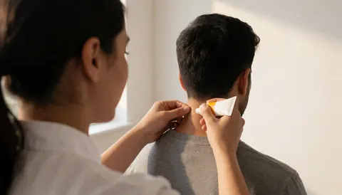 Close-up of a therapist's hands applying massage cream to a client's neck during a cervical massage service in a bright clinical setting