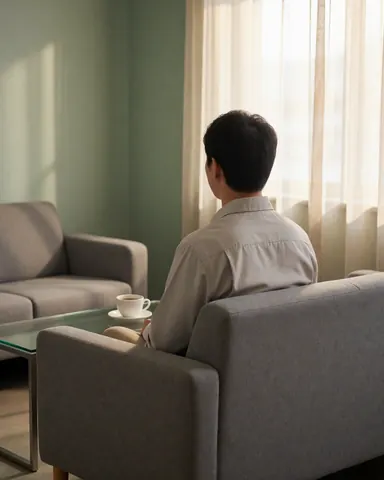 A customer waits in a modern room with green walls, a gray chair, and a glass coffee table illuminated by natural light.