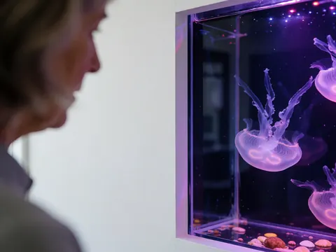 A visitor closely watches bioluminescent jellyfish in a tank illuminated with purple lights in a modern aquarium.